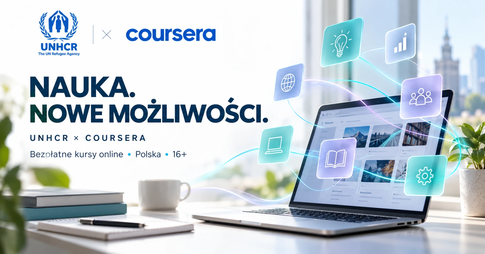 Nauka online i nowe możliwości — ilustracja redakcyjna STC z oznaczeniami UNHCR i Coursera